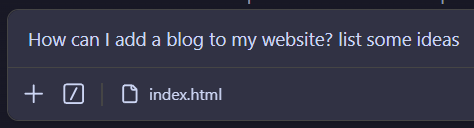 Me prompting Claude, asking "How can I add a blog to my website? list some ideas"