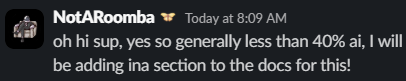 Message from @NotARoomba detailing a 40% AI limit
